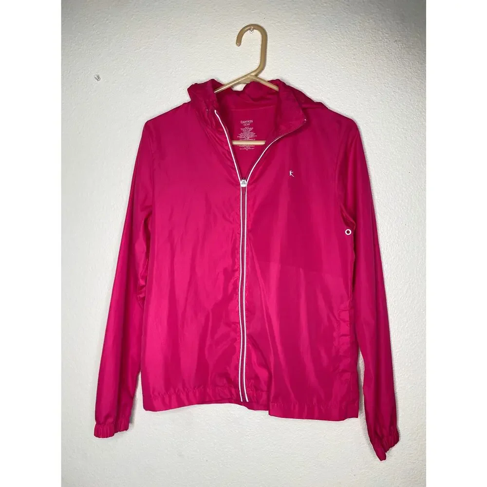 Danskin Pink & white medium hooded rain jacket